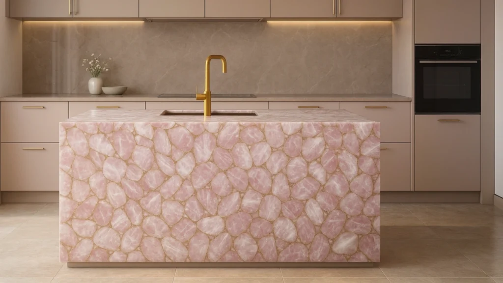 Subh Gemstones Rose Quartz Foil Kitchen Island
