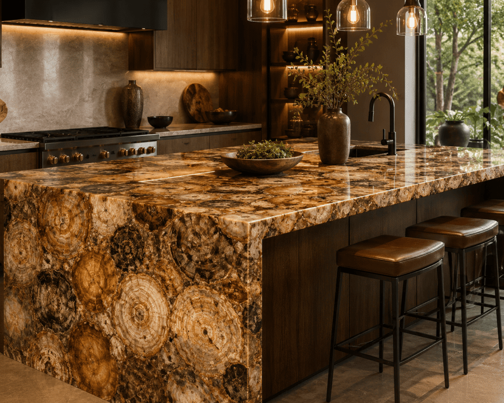 Brown Petrified Wood Kitchen Island