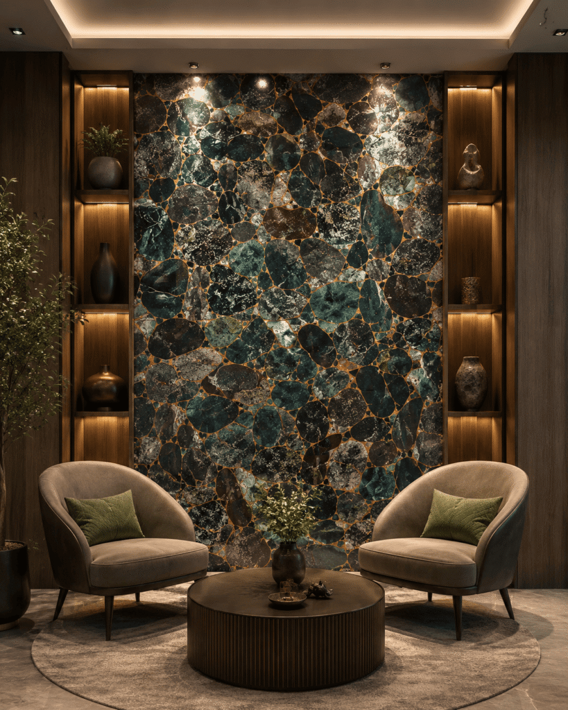 forest jasper slab feature wall application by Subh Gem Stones