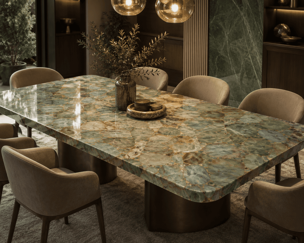 green leaf jasper slab dining table application by Subh Gem Stones