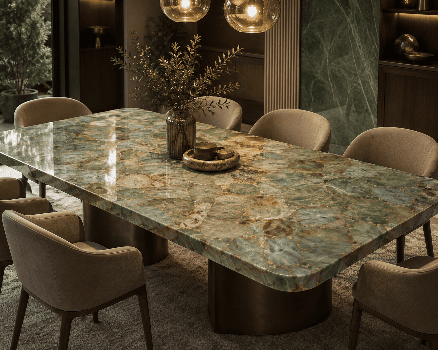 green leaf jasper slab dining table application by Subh Gem Stones