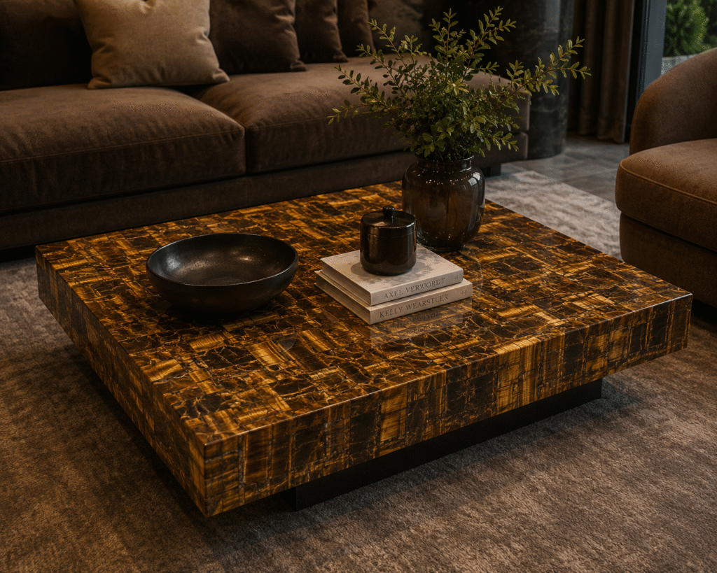 tiger eye center table top by Subh Gem Stones Kishangarh