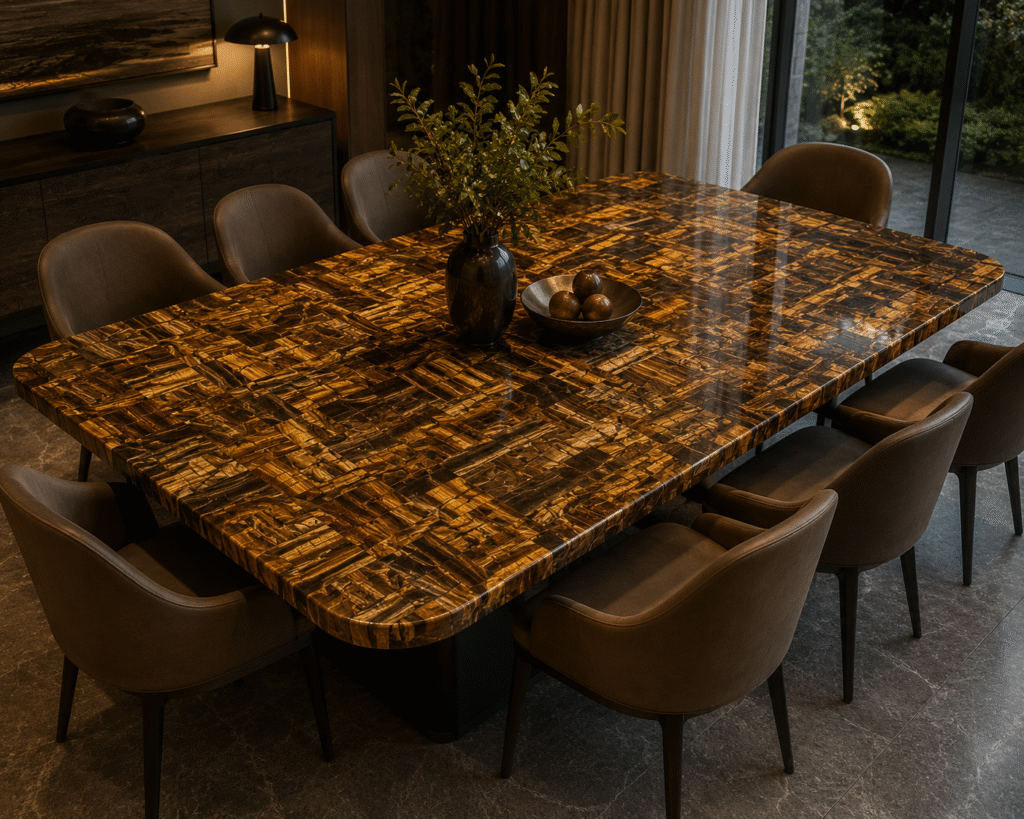 tiger eye dining table top from Subh Gem Stones Kishangarh