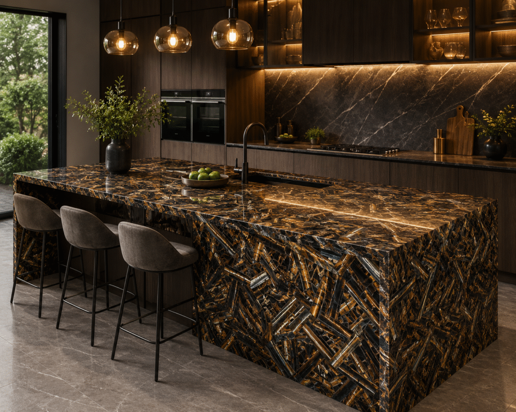 tiger eye kitchen island slab from Subh Gem Stones