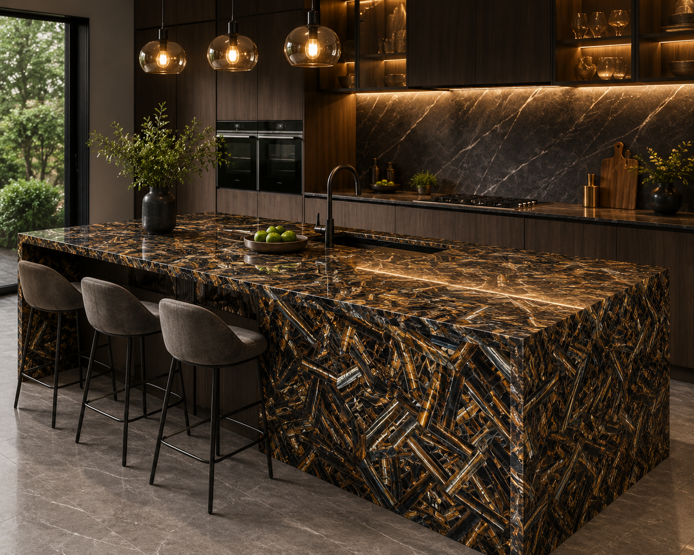 tiger eye kitchen island slab from Subh Gem Stones