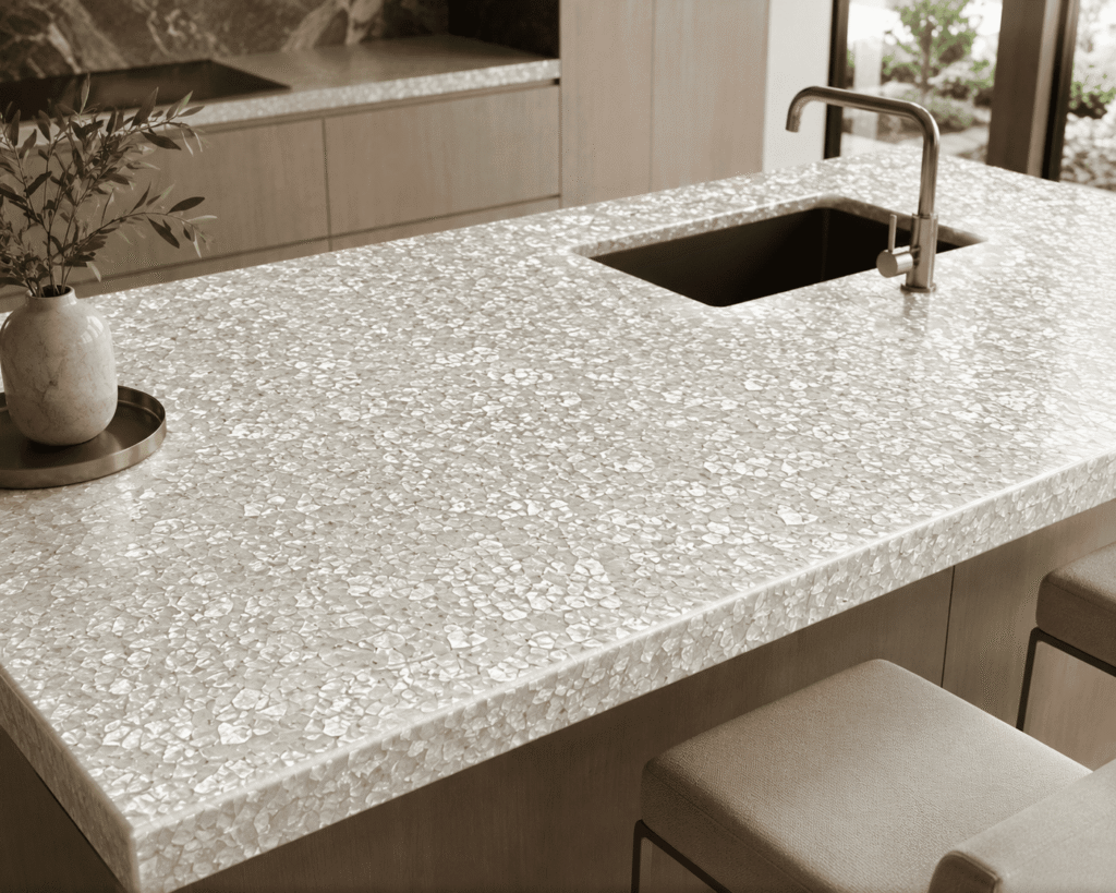 Mother of Pearl countertop in a kitchen or bathroom setting