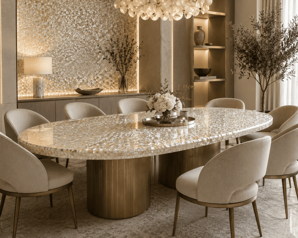 Mother of Pearl dining table top in a dining room