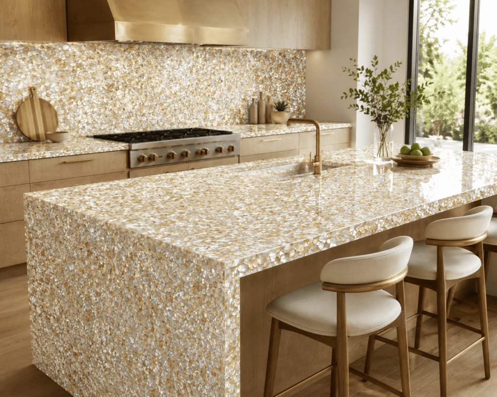 Mother of Pearl kitchen countertop and island installation