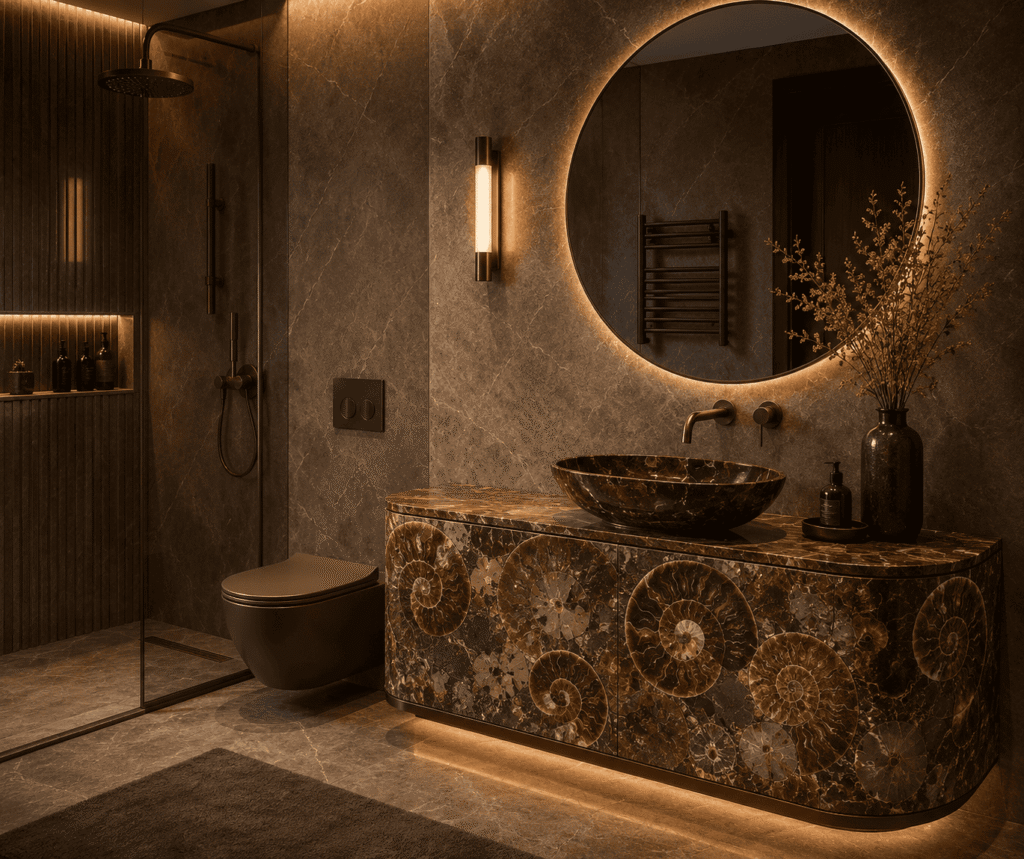 ammonite bathroom vanity top by Subh Gem Stones