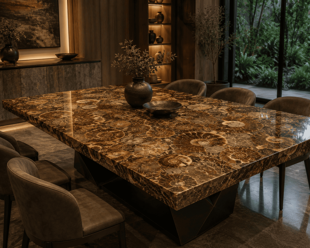 ammonite fossil dining table top from Subh Gem Stones Kishangarh