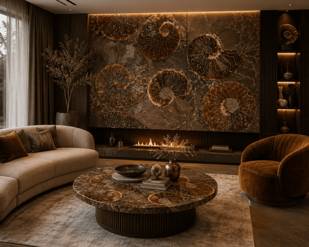 ammonite fossil living room interior design by Subh Gem Stones