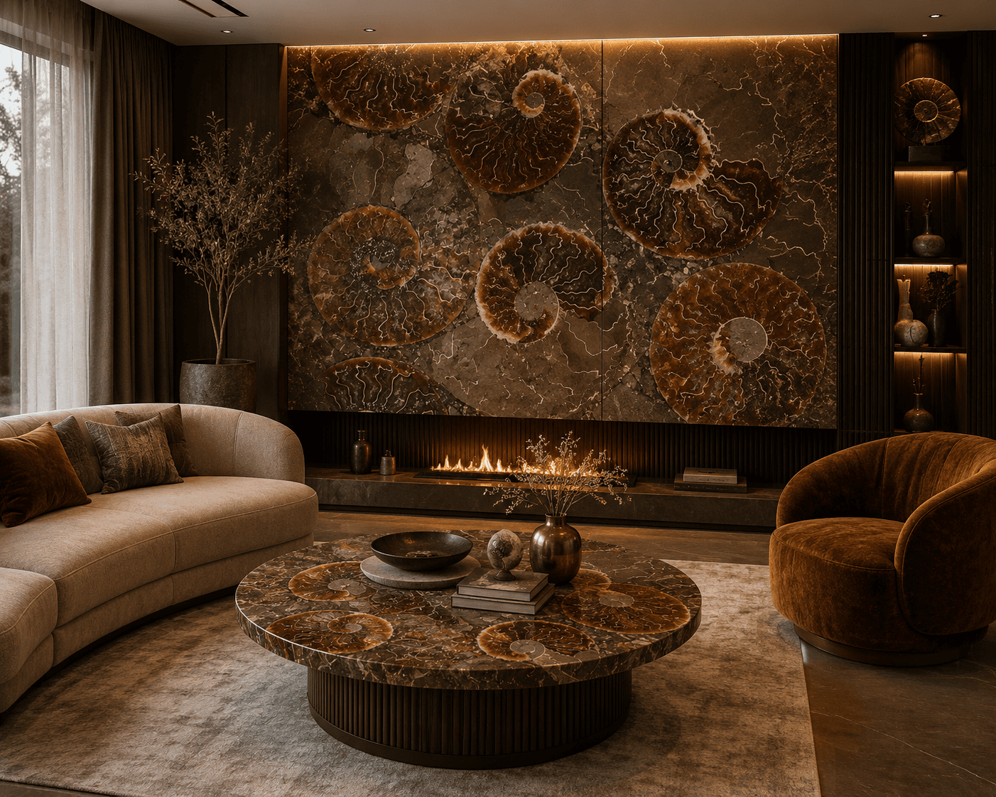 ammonite fossil living room interior design by Subh Gem Stones