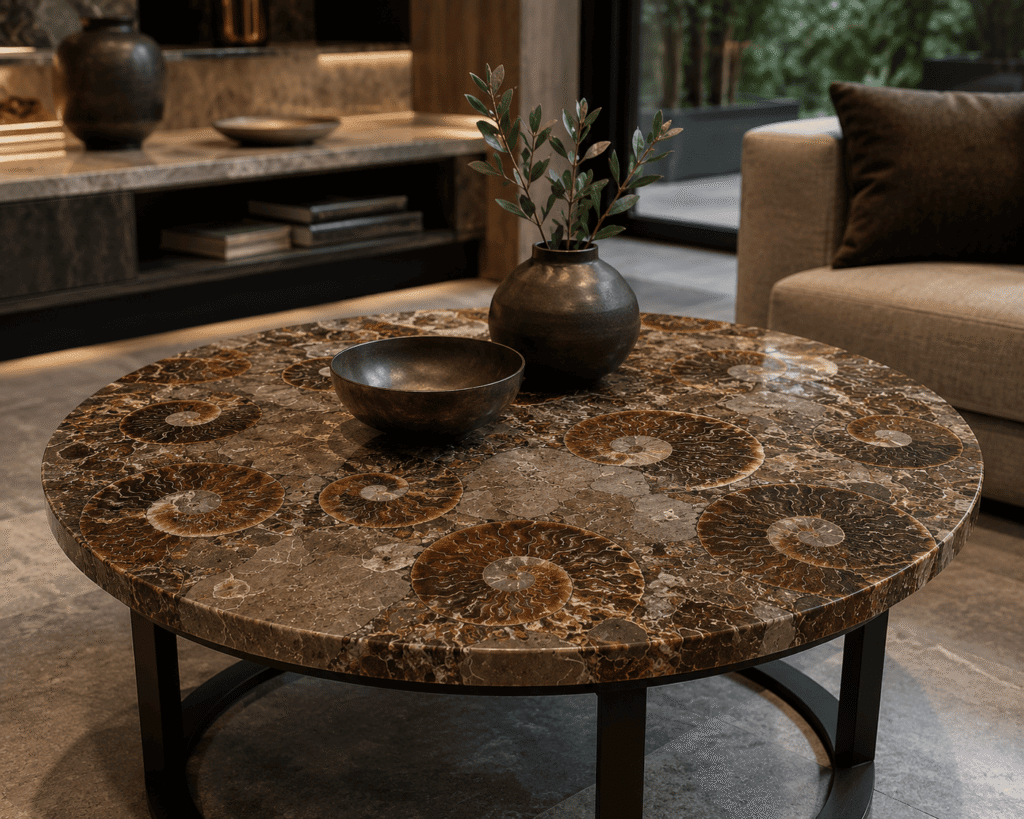 ammonite fossil table top from Subh Gem Stones Kishangarh