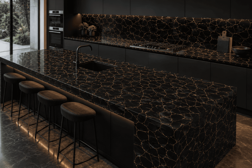 black obsidian kitchen island slab from Subh Gem Stones