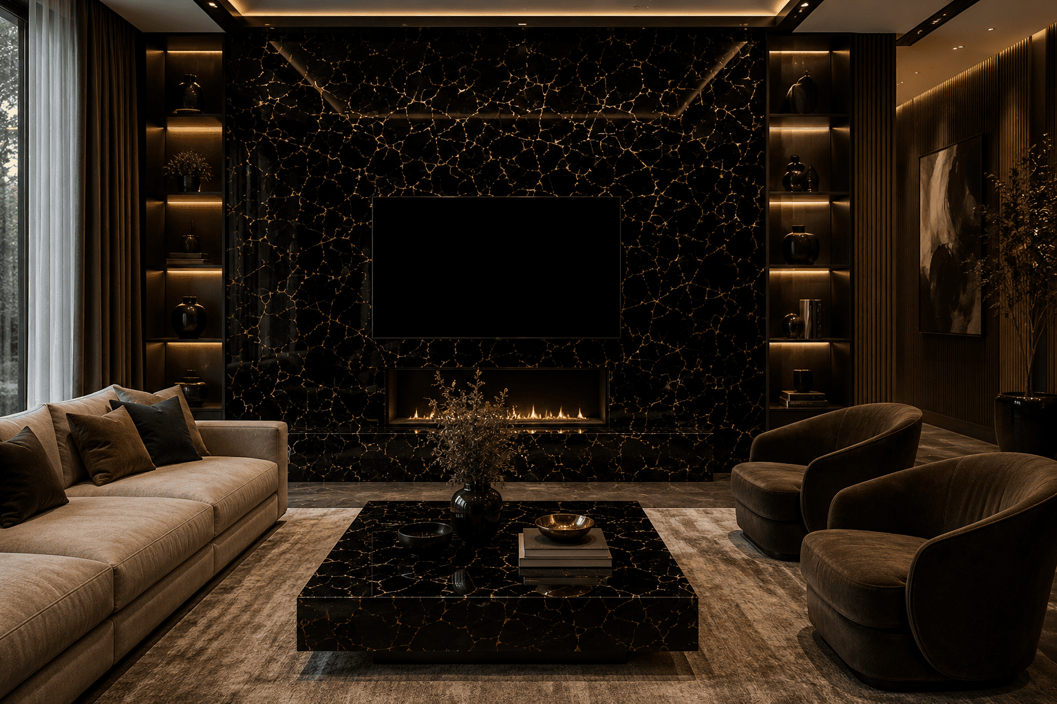 black obsidian living room interior design by Subh Gem Stones