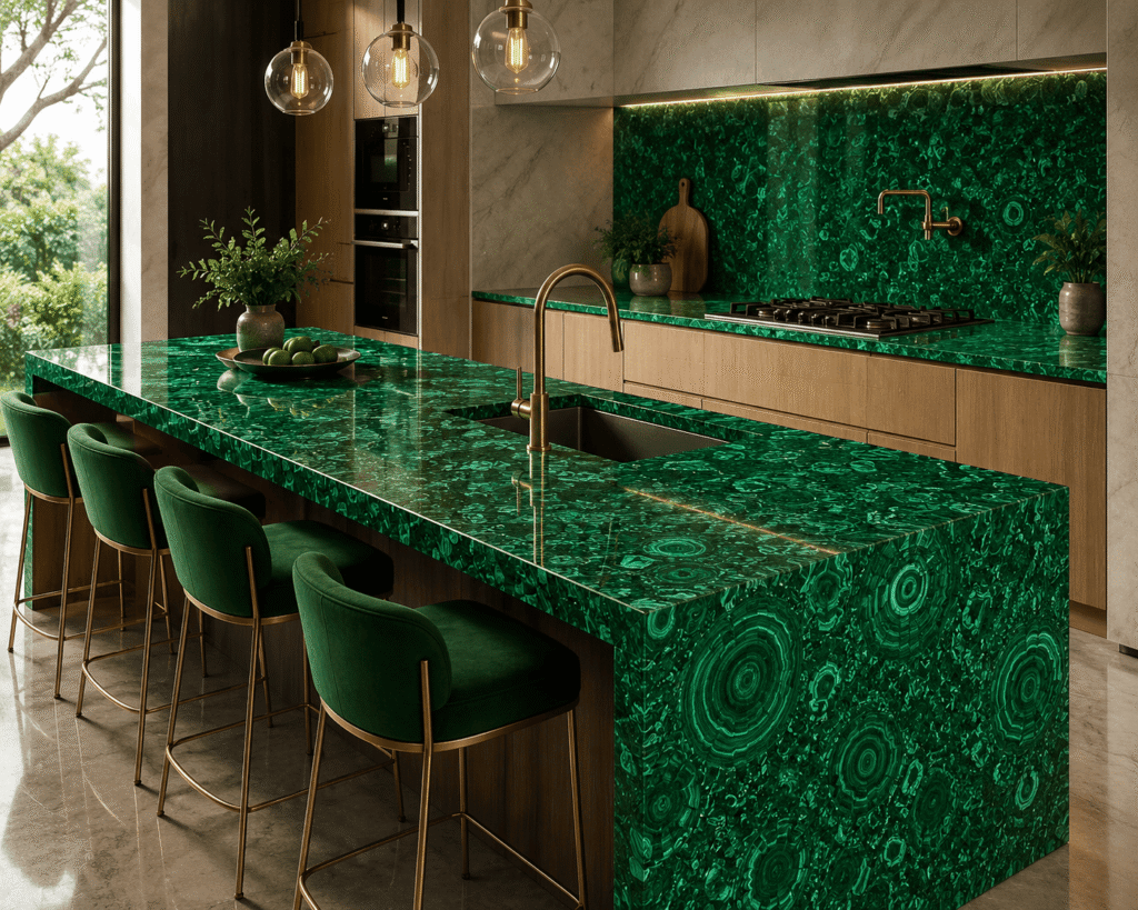 malachite kitchen island slab from Subh Gem Stones Kishangarh