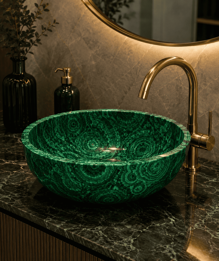 malachite wash basin handcrafted by Subh Gem Stones Kishangarh