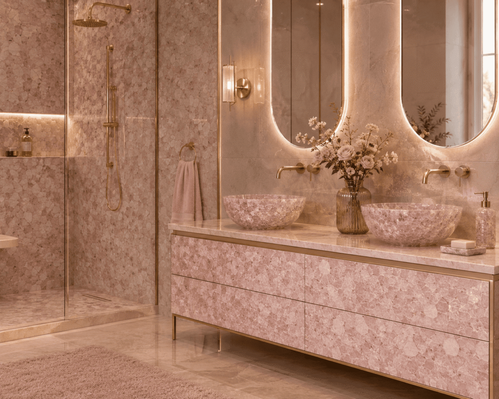 rose quartz bathroom vanity top by Subh Gem Stones