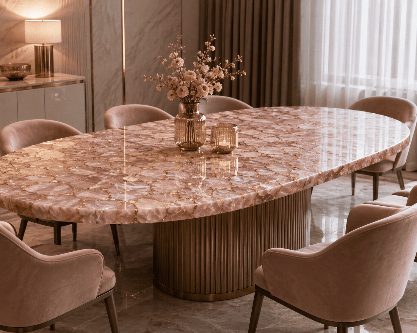 rose quartz dining table top from Subh Gem Stones Kishangarh