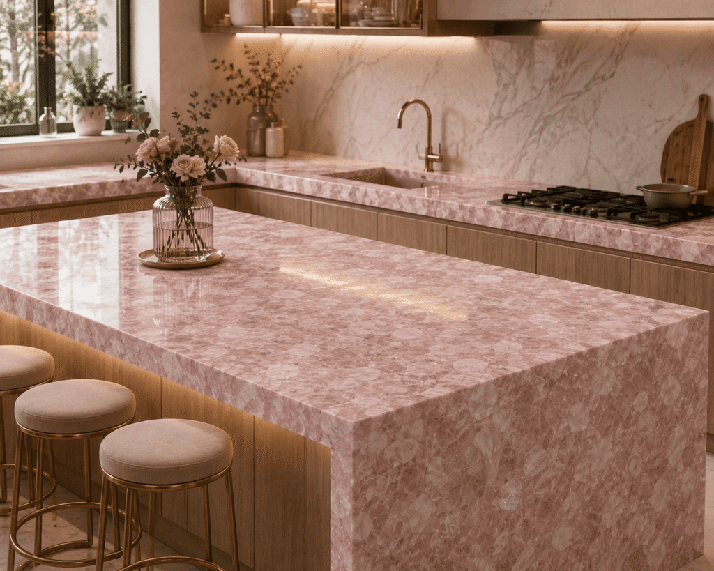 rose quartz kitchen island slab from Subh Gem Stones