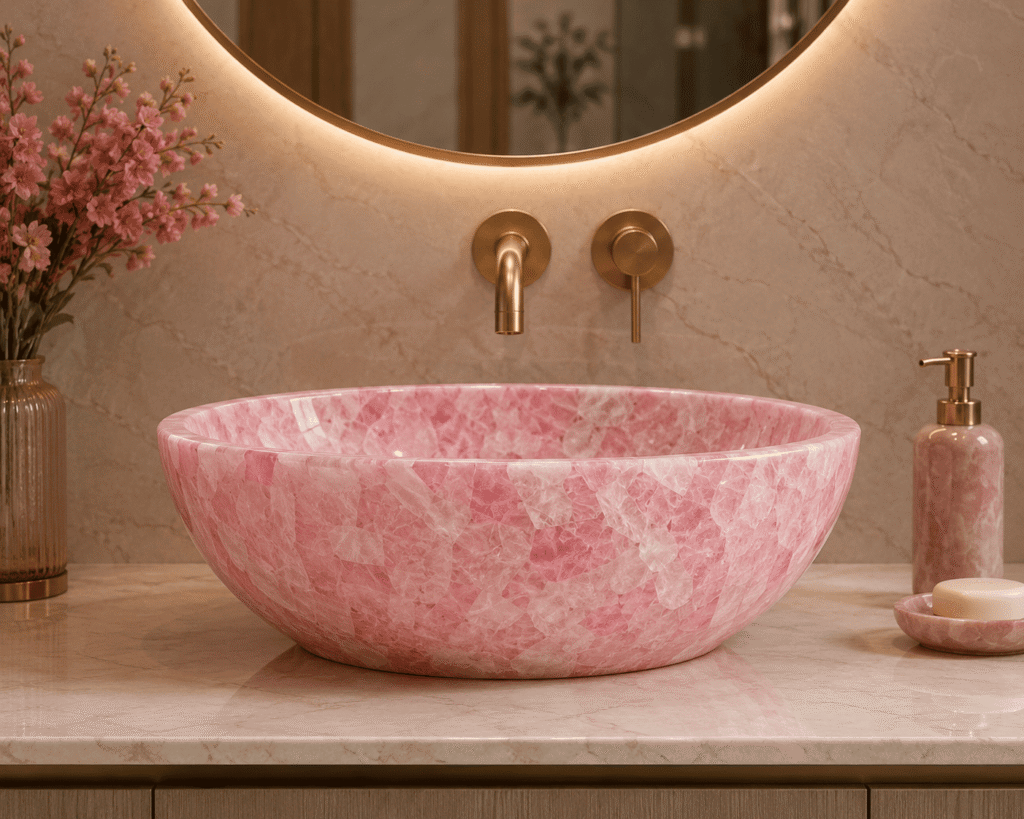 rose quartz wash basin handcrafted by Subh Gem Stones