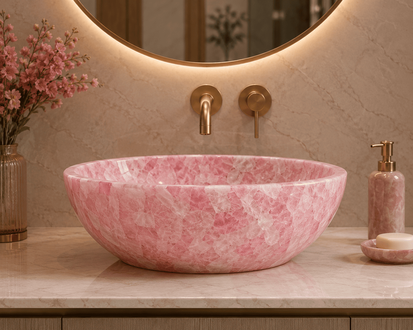 rose quartz wash basin handcrafted by Subh Gem Stones