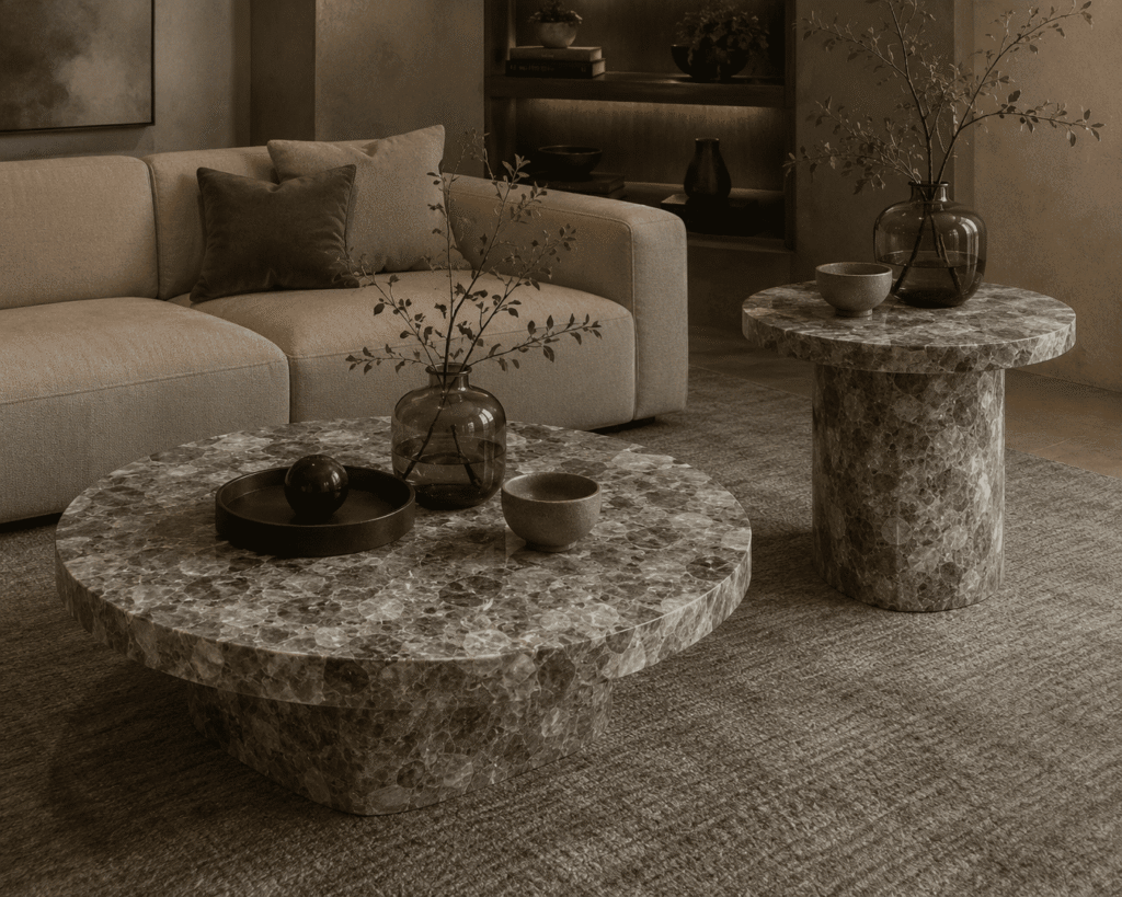 smoky quartz center table and round table by Subh Gem Stones Kishangarh