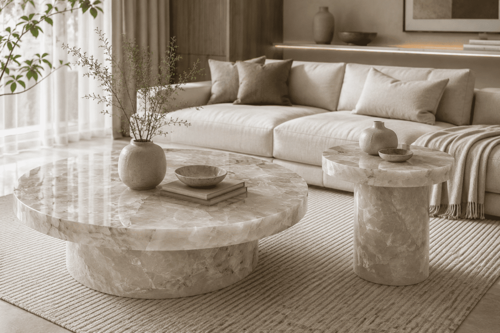 white quartz center table and round table top by Subh Gem Stones