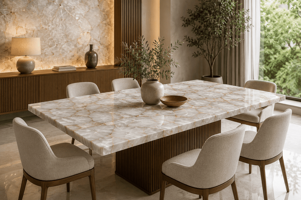 white quartz dining table top from Subh Gem Stones Kishangarh