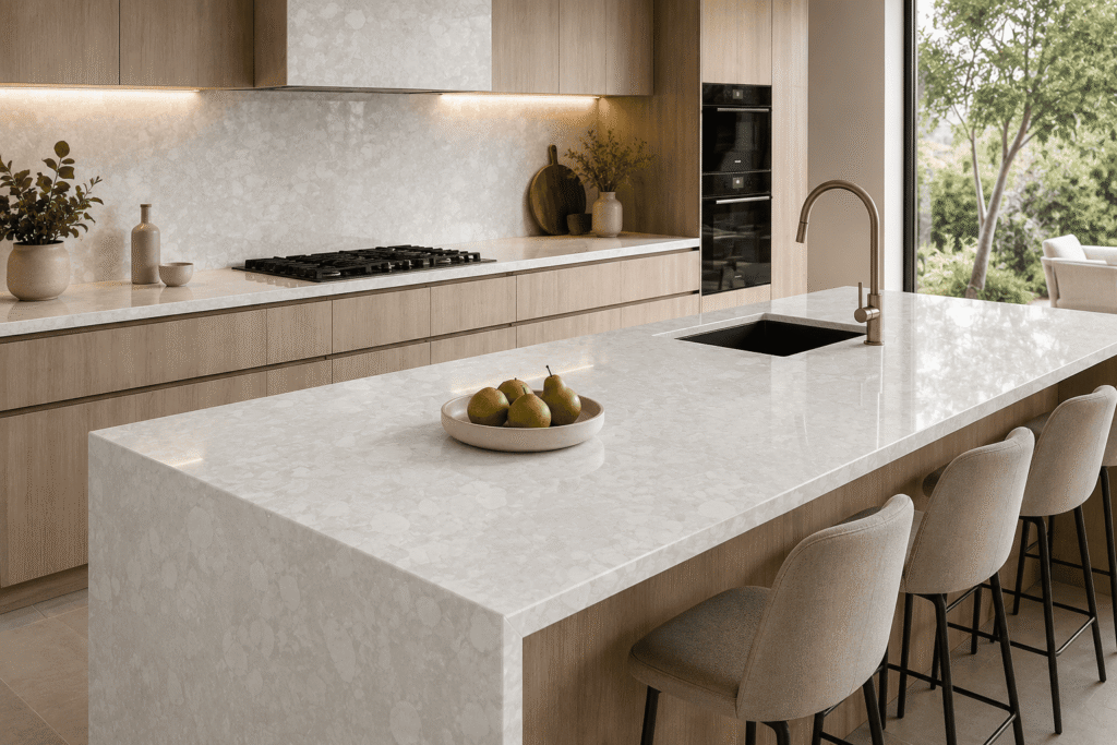 white quartz kitchen island and kitchen top from Subh Gem Stones