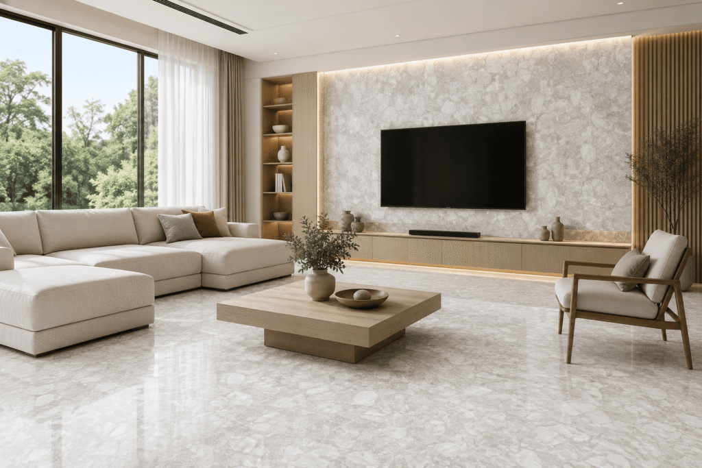 white quartz living room interior design by Subh Gem Stones