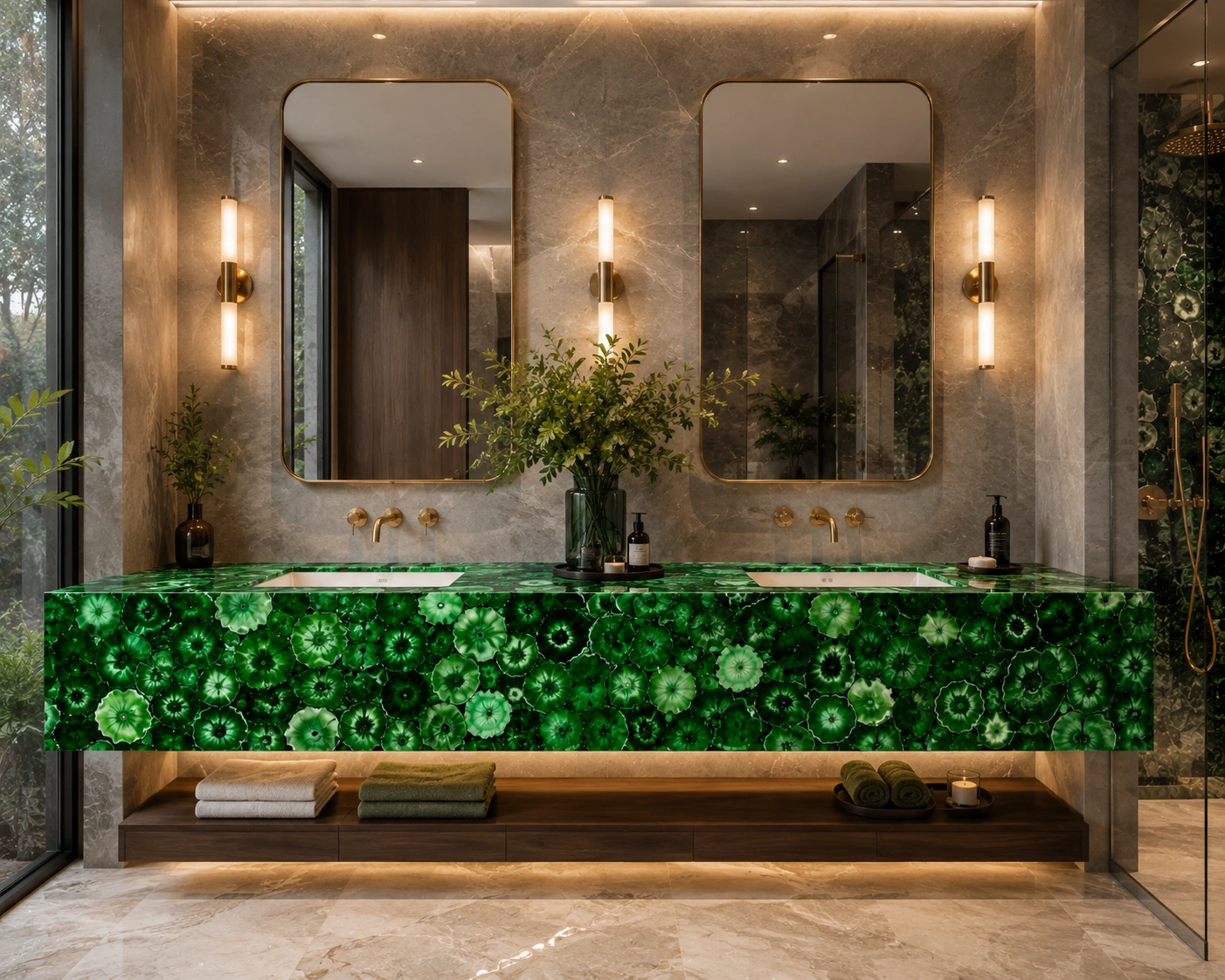 Green Agate Bathroom Vanity Top for elegant and luxurious bathroom interiors