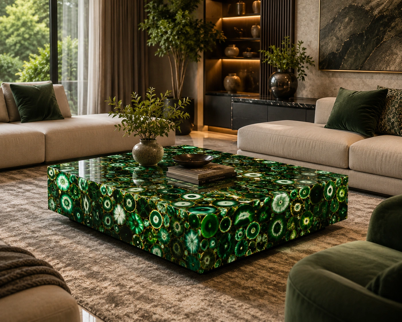 Green Agate Center Table showcasing the beauty of natural semi-precious stone