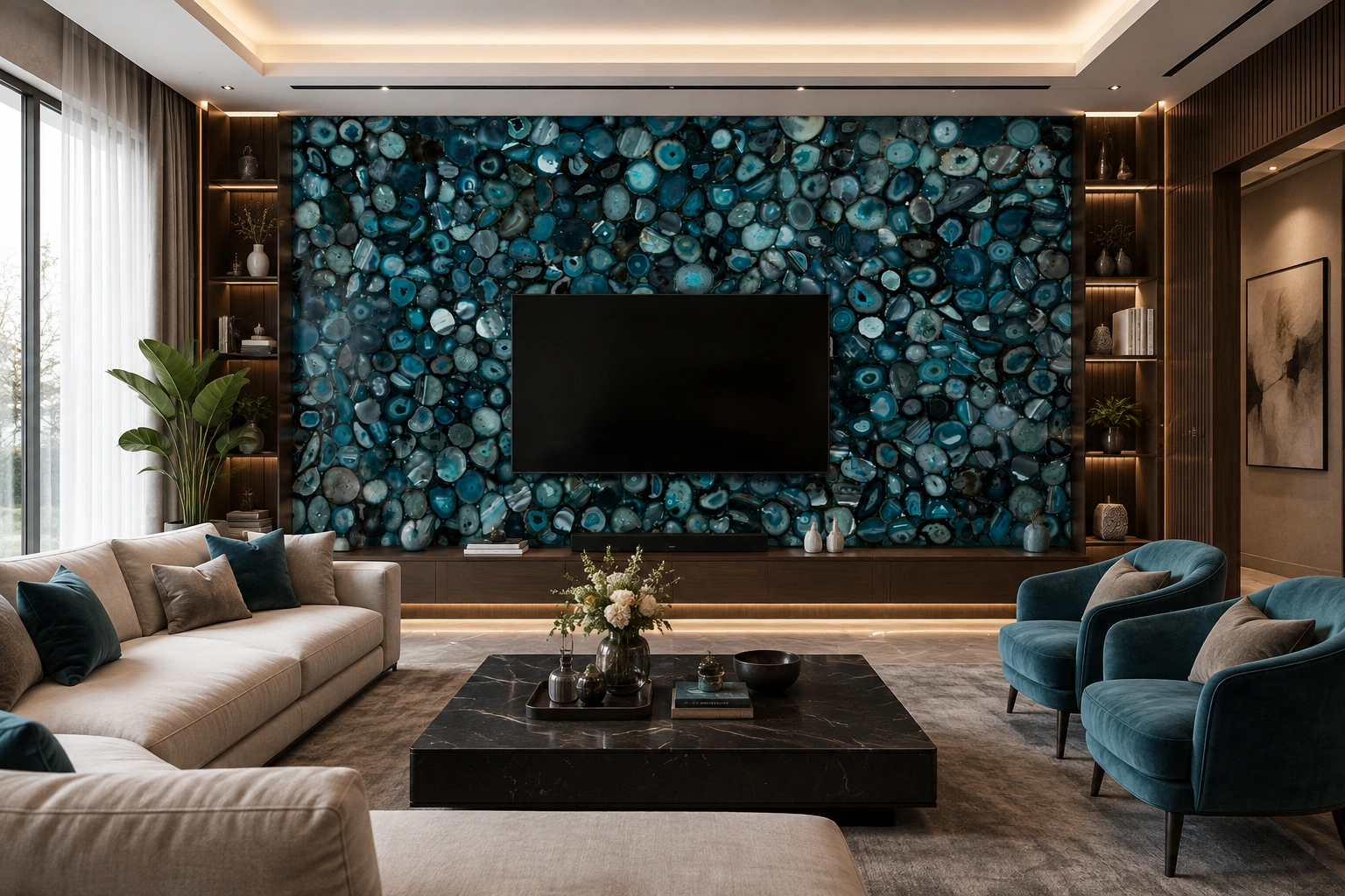 Green Agate used in luxury living room interiors for walls, furniture, and décor