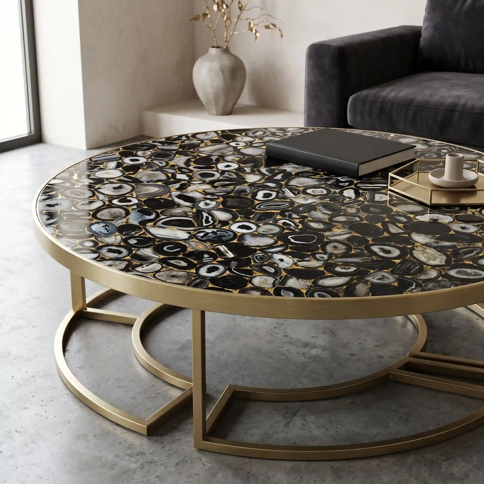 Black agate table top by subh gem stones