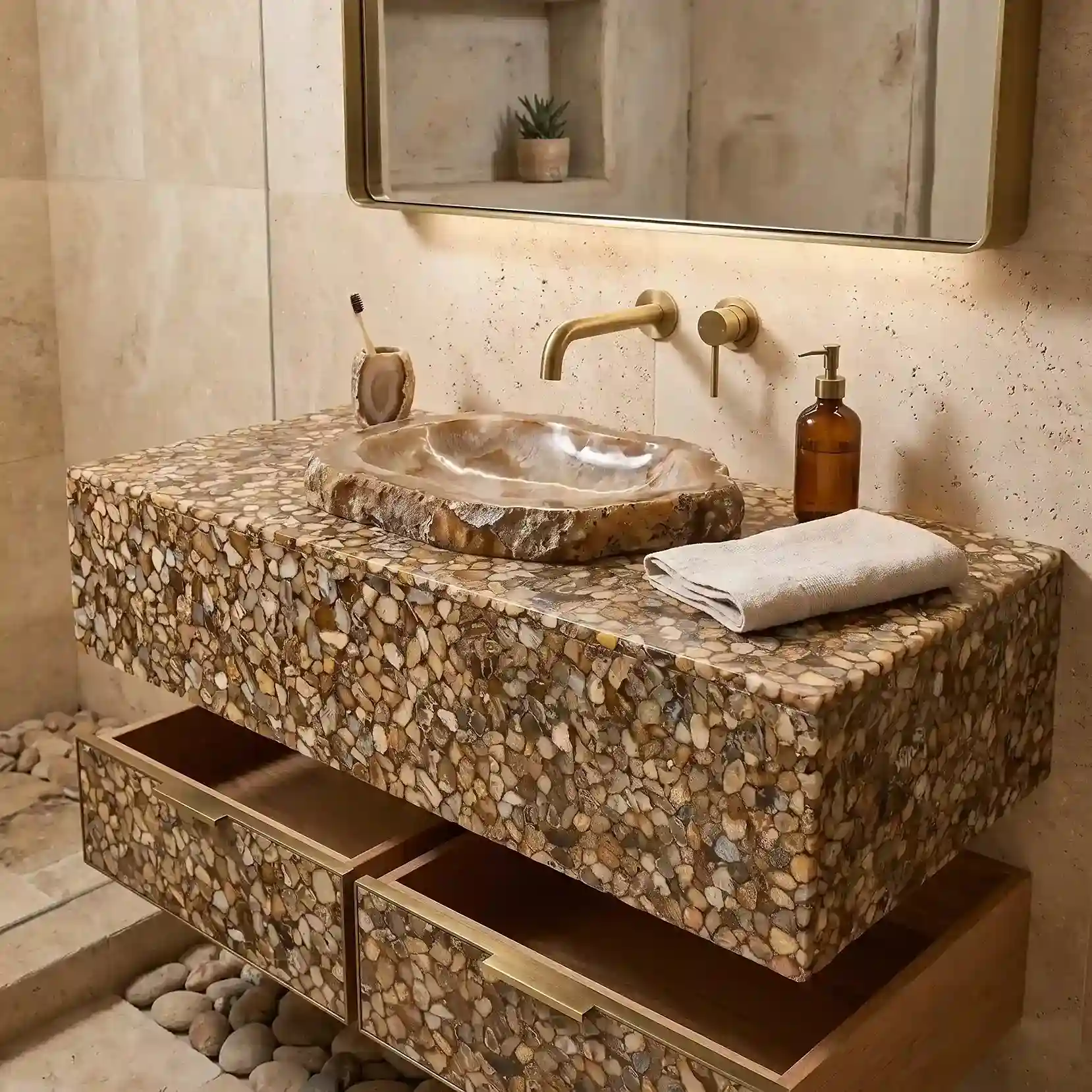 Golden agate bathroom vanity with natural patterns and polished finish