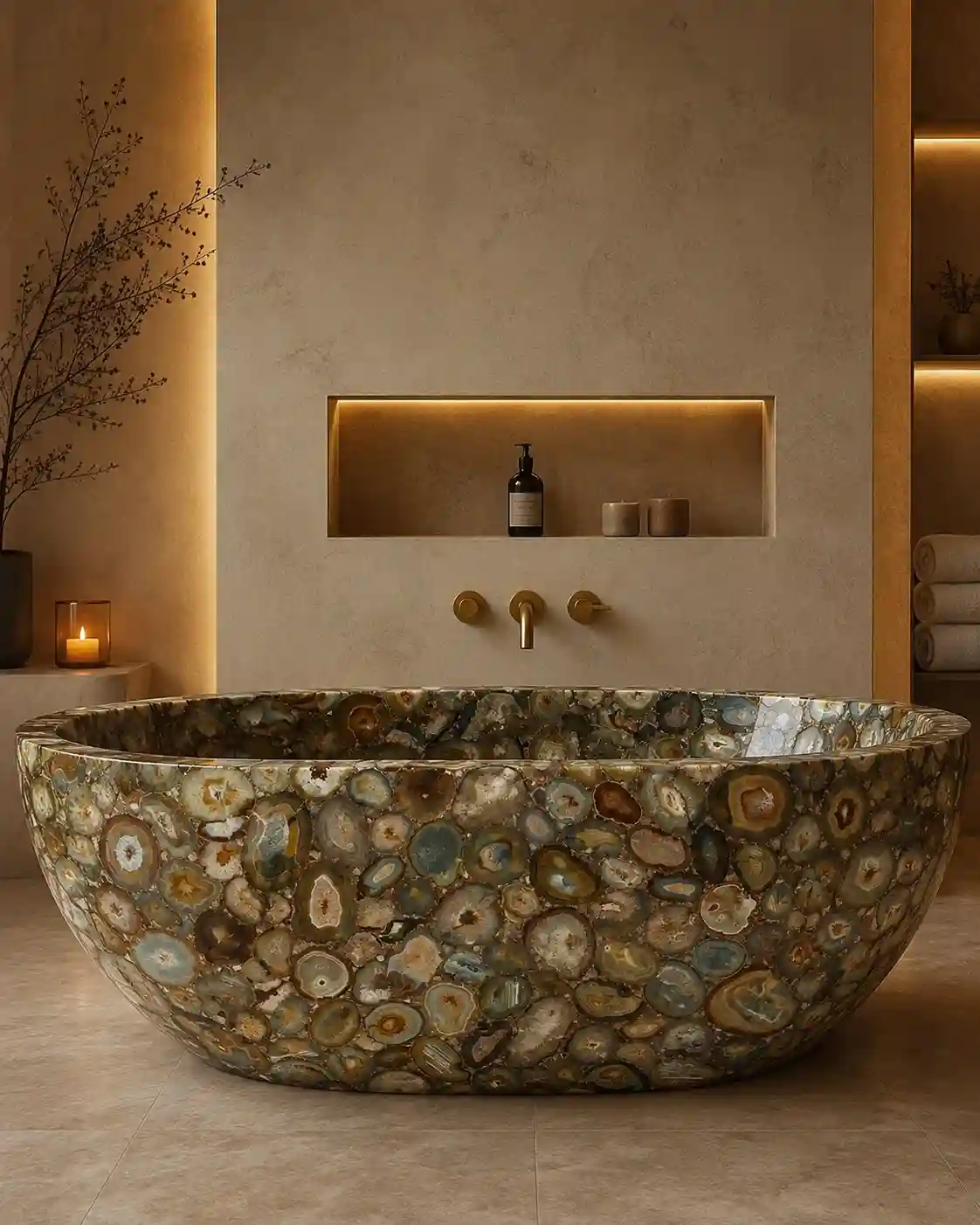 Golden agate bathtub featuring natural stone patterns and golden tones