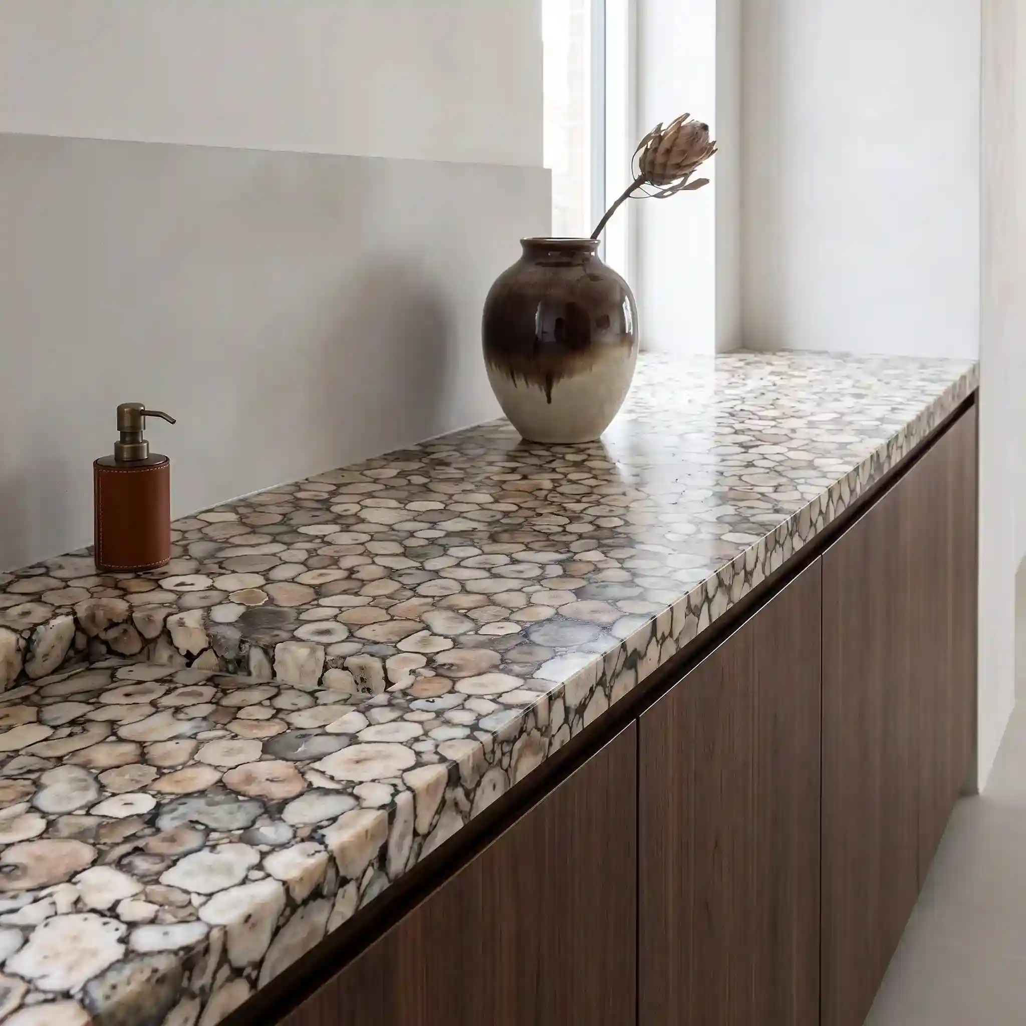 Golden agate countertop with natural patterns and polished stone surface