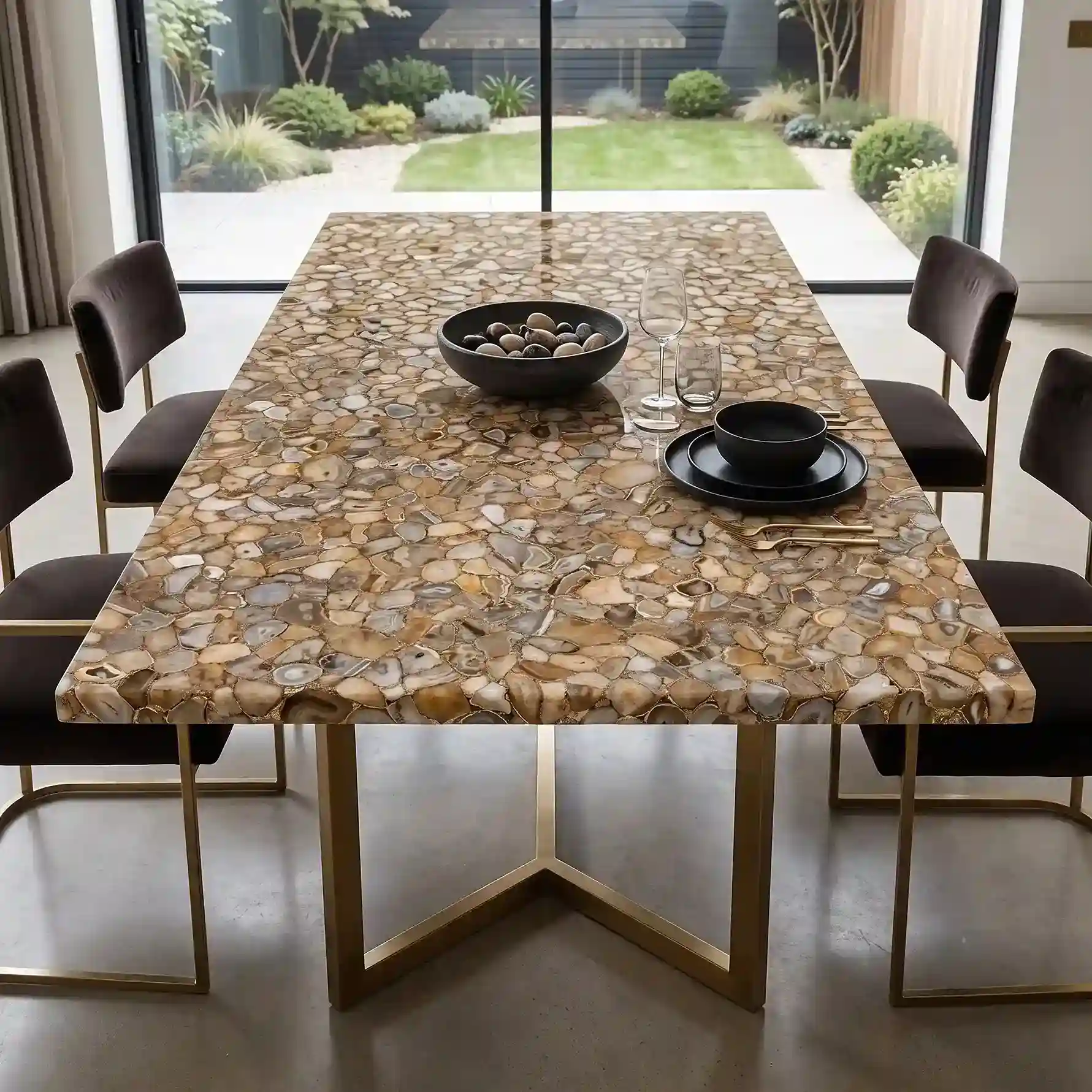 Golden agate dining table with unique natural stone patterns