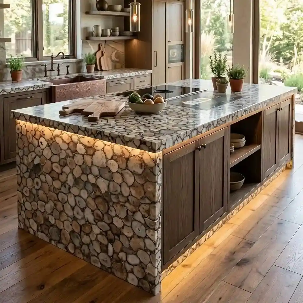 Golden agate kitchen island with distinctive natural stone patterns
