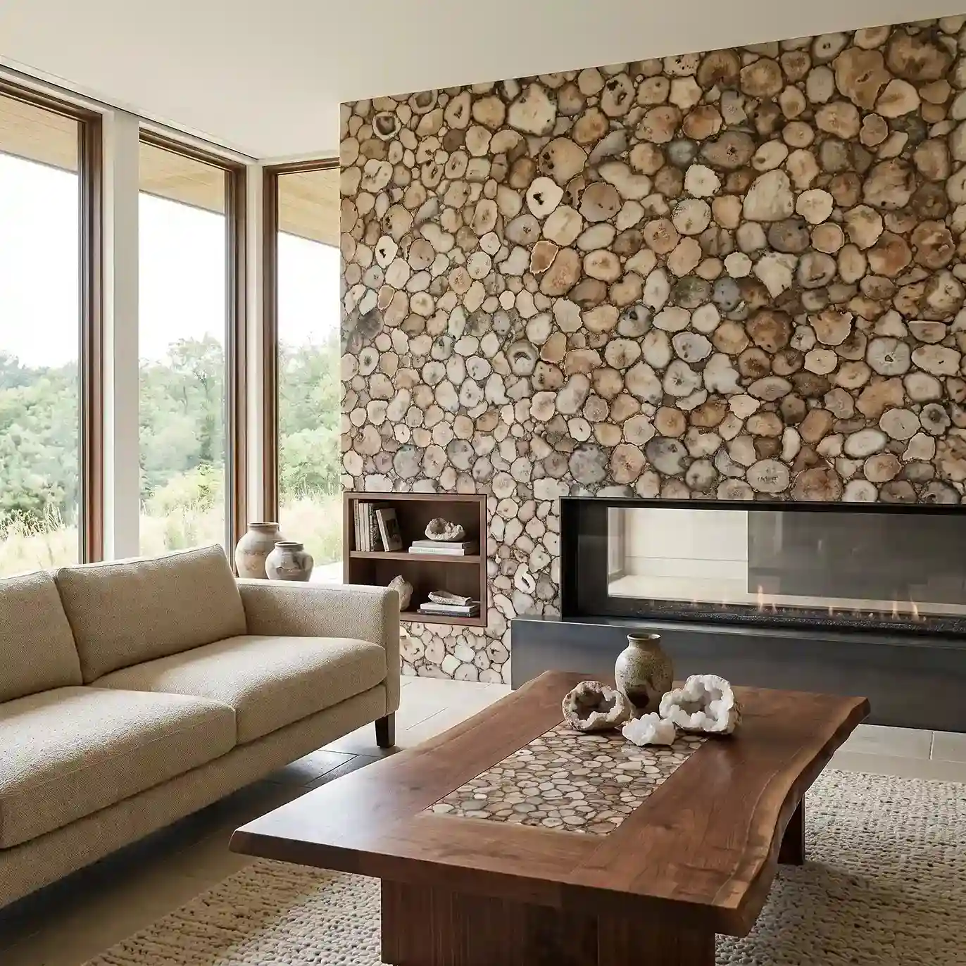 Golden agate in living room interior with natural stone design elements