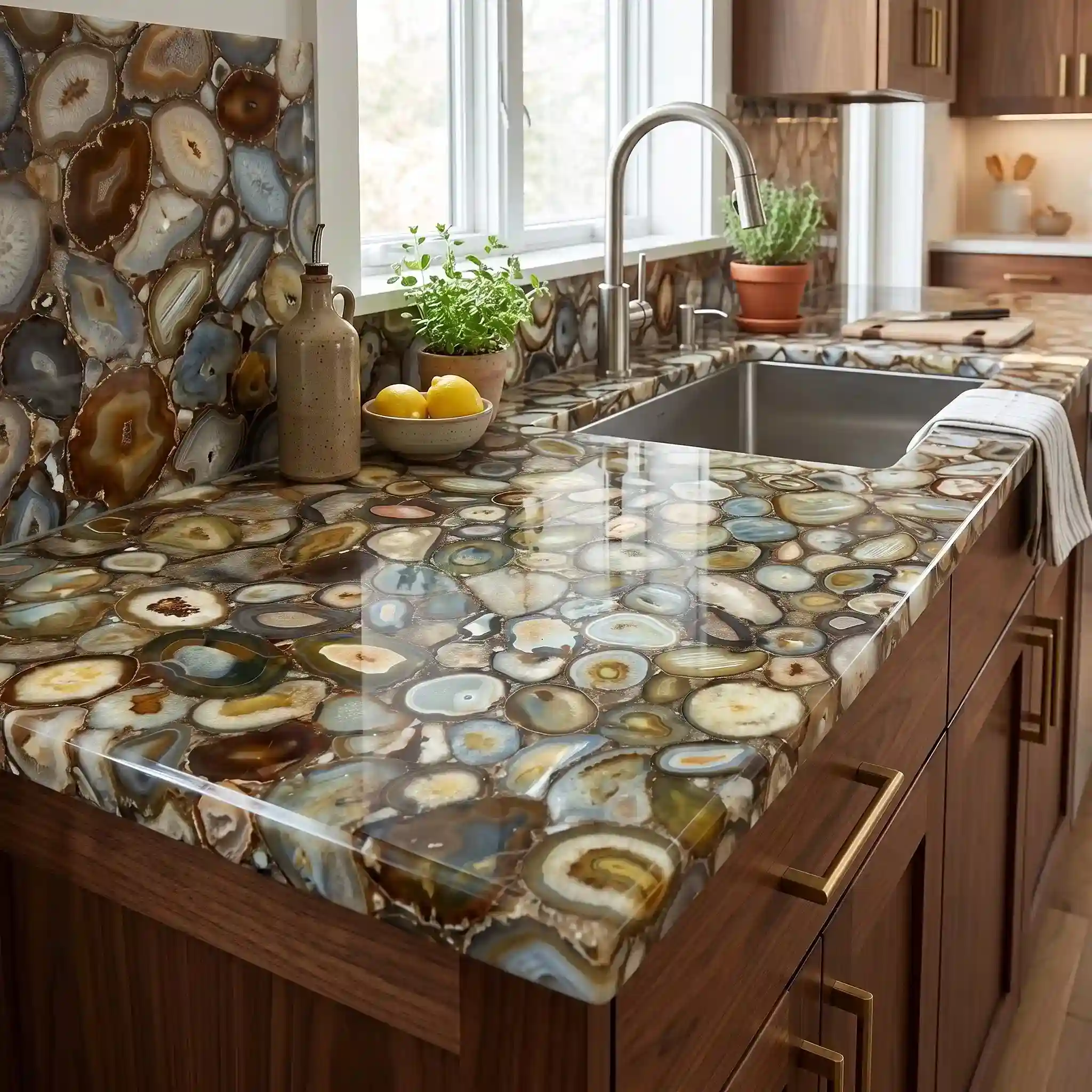Golden agate slab with natural golden patterns and unique stone texture