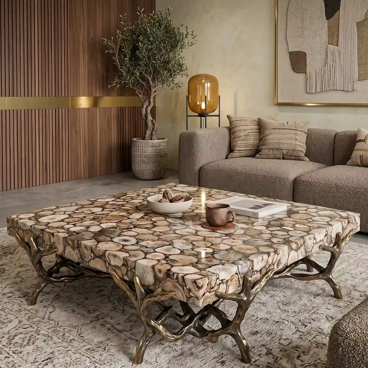 Golden agate center table with natural golden patterns and polished surface