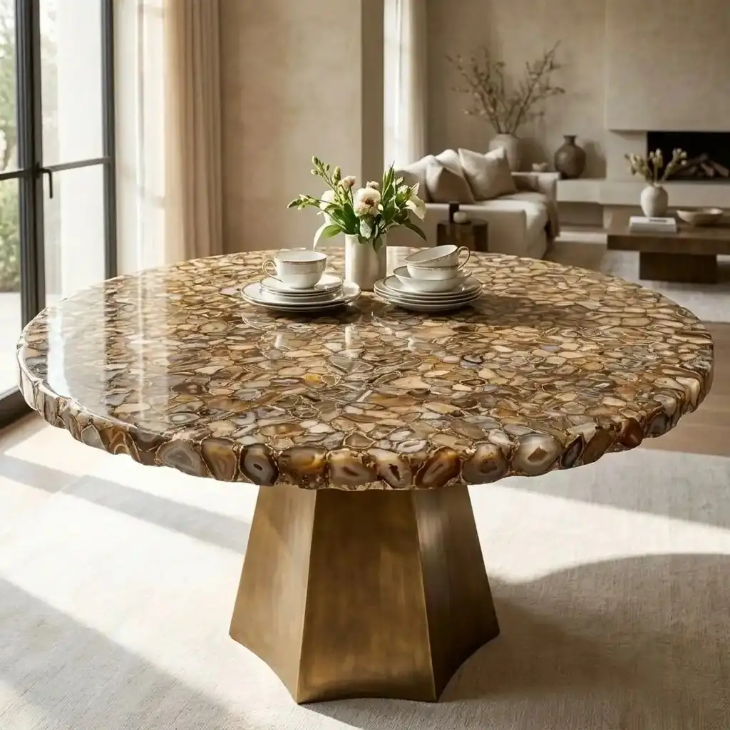 Golden agate table top featuring natural patterns and golden tones